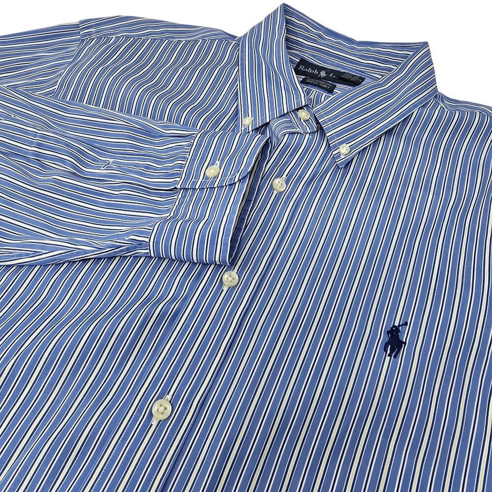 Ralph Lauren Custom Fit Dress Shirt Size 17 Men's Blue White Striped Long Sleeve